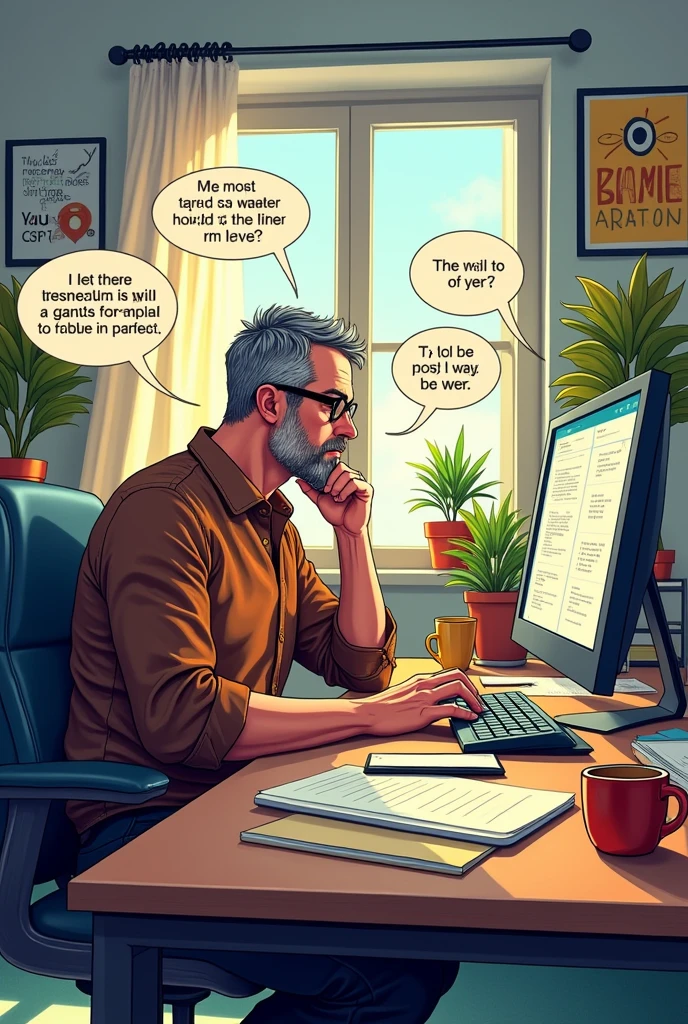 create an image with this A modern man (A wise man) working in an office with a computer. with comic style
