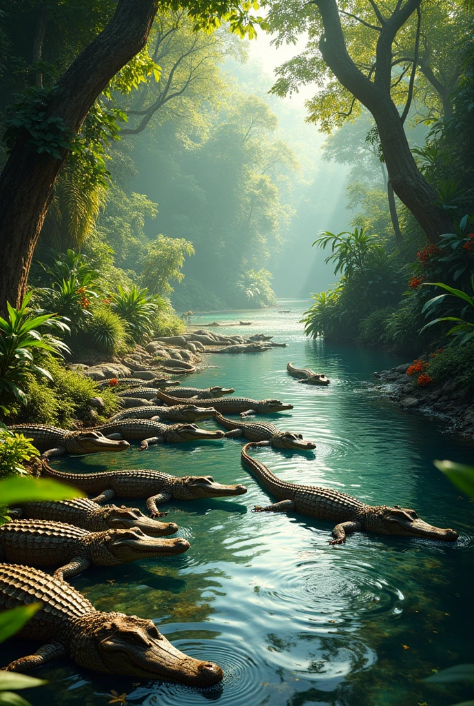 Create crocodiles in a jungle with lots of water more water more crocodiles more vegetation more vegetation more water I said more water more crocodiles 