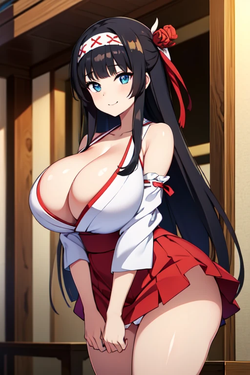 good quality, best quality, highres, absurdres, 8k, 4K, masterpiece, Girl in Japanese shrine maiden outfit, (Hime cut), (super long black hair),(((straight bangs, blunt bangs))),(White headband), Blue eyes, super long black hair, hair ornament, ribbon, smile, Showing her breasts, (Huge breasts:1.3), Cleavage, White kimono, Shoulder-exposing sleeves, open-chested costume, Short skirt, Red Skirt, (upskirt), cameltoe,