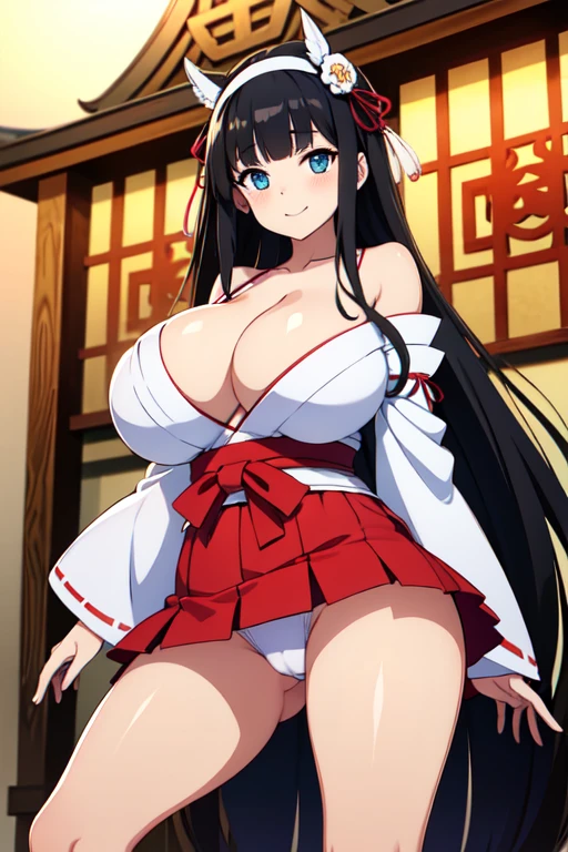good quality, best quality, highres, absurdres, 8k, 4K, masterpiece, Girl in Japanese shrine maiden outfit, (Hime cut), (super long black hair),(((straight bangs, blunt bangs))),(White headband), Blue eyes, super long black hair, hair ornament, ribbon, smile, Showing her breasts, (Huge breasts:1.3), Cleavage, White kimono, Shoulder-exposing sleeves, open-chested costume, Short skirt, Red Skirt, (upskirt), cameltoe,