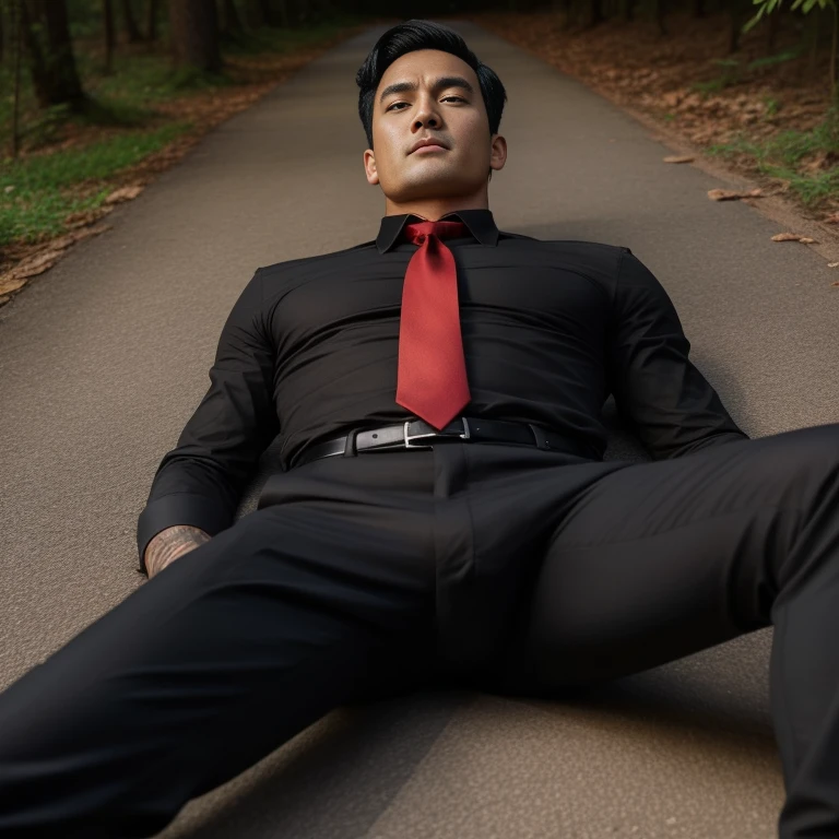 33 years old,One Man,Tall handsome man、Black Shirt、Red tie、Black gloves、Forest、Lying on your back on the ground、knock down Scream、 ,Black Hair、Very short hair、undercut、Asian Face The crotch area of your trousers is bulging Seen from below