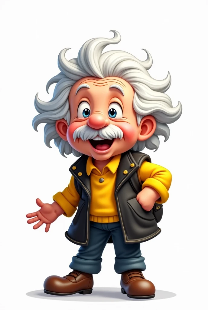 Disney style cartoon of Albert Einstein in black and yellow uniform with no background for school advertising