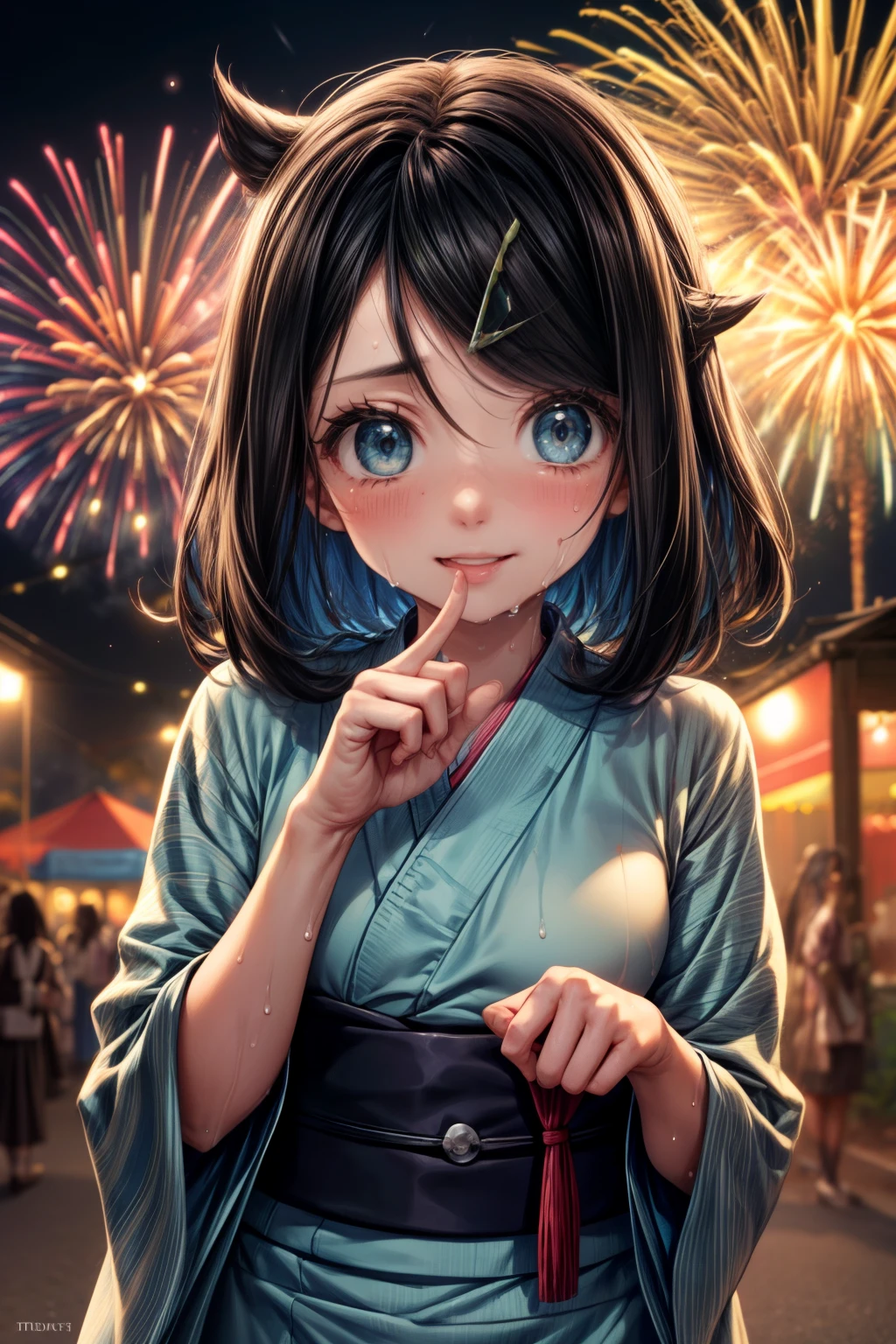 (((nsfw))), (masterpiece, Highest quality, 8K ultra-high resolution:1.4), yo, kawaii, Pokemon Riko, Down blouse, ((水色のFrillsのブラジャー)), (A colorful navy blue yukata, Frills, night: 1.4), (Summer festival), ((turn around)), Beautiful Eyes,Flash photography, Backlight,  ((Close-up of face:1.4)), (The best smile:1.4), (Show your palm to the camera), (Beckon), Written boundary depth, Dramatic portrayal, (Colorful fireworks background), Focus of the film, , Emotional composition, Emotional engine full throttle BREAK Young and cute, Slender body, Flat Chest, Highly detailed glossy skin,Sweat,  完璧なPokemon Riko
, Wind, detailed in the Wind, petals dancing in the Wind
BREAK
ultra detailed crystal eyes, Eyes like shining jewels