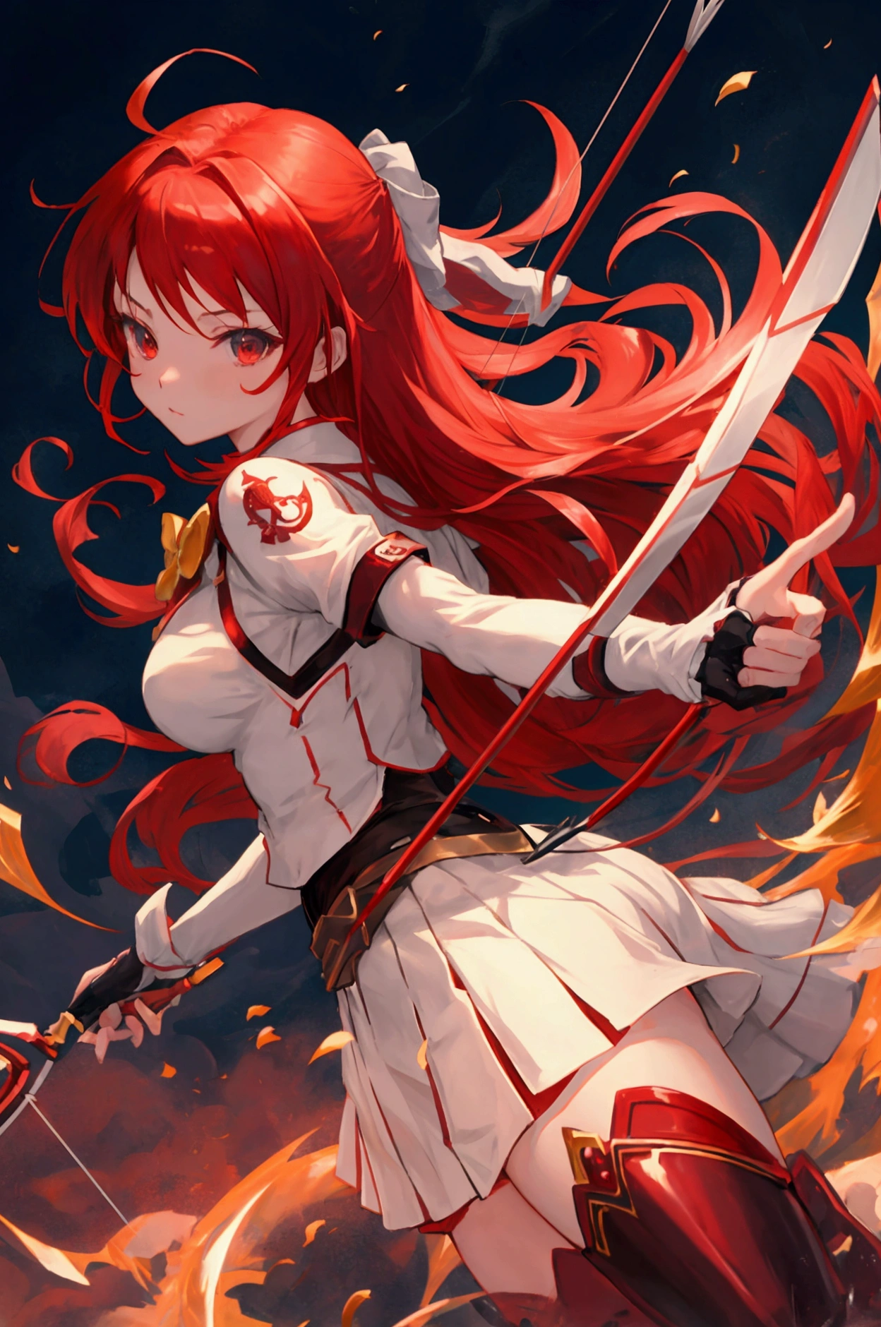 anime girl, red hair, highest quality, gacha game splash art, best quality, bow and arrow