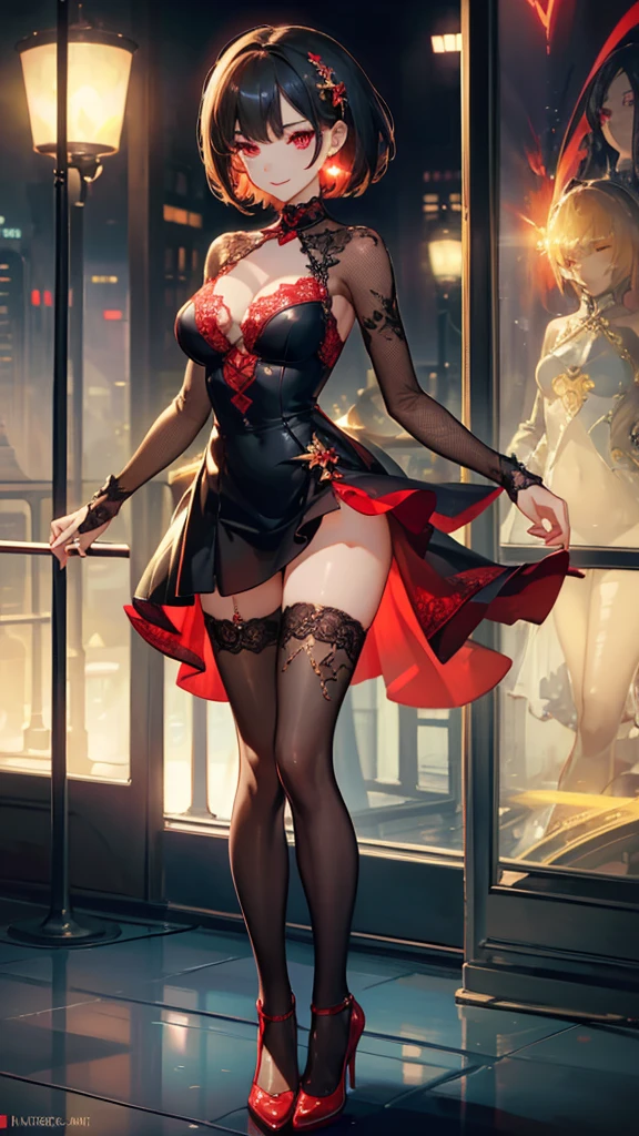 ((masterpiece, best quality)), Delicate face,Idol singer,City,earphone,Girl Group,whole body,Standing picture,Smile,Perfect body proportions,Long legs,Short hair handsome,Beautiful red glowing eyes,Extremely beautiful,transparent,Fun,sexly,Tattoo,Lace,Fishnet stockings,Star decoration