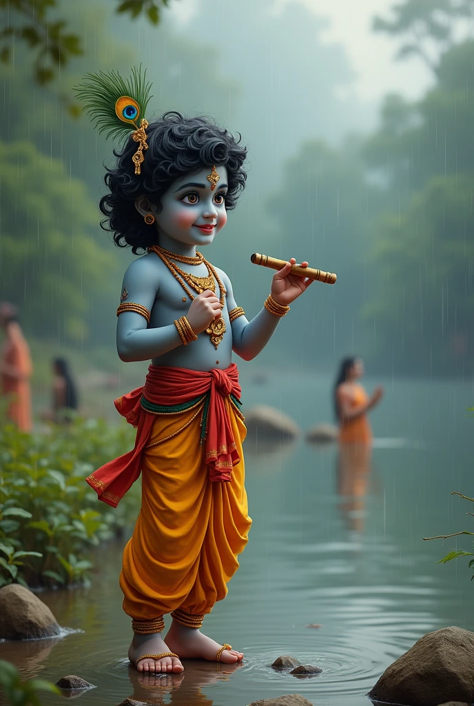 Little Sri Krishna,flute in hand, yamuna river bank background,cows,gopikas behind,namam in forehead, peacock feather in head, mother yasoda behind,watching Sri Krishna leela, cloudy weather