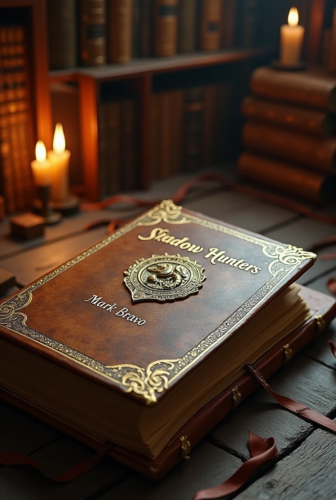 Make a light brown medieval style book , with a medieval gold badge , that the book is called shadow hunters , made by Mark Bravo 