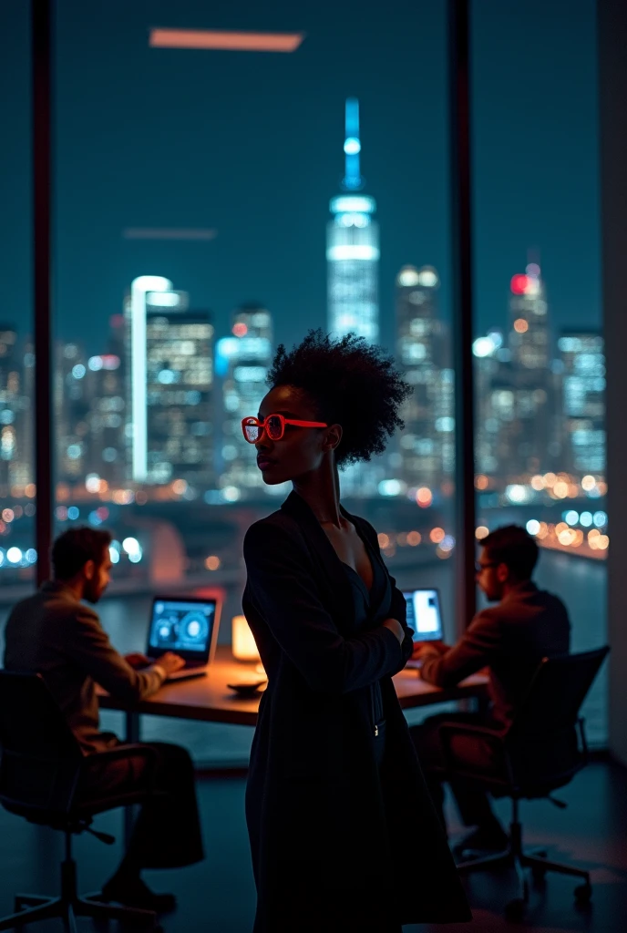 
Cover Concept:

setting: A corporate office with a panoramic view of new york city, dark lighting with,  red glasses, A powerful image of black women leading a team through complex logistics scenarios, 

convey strength and leadership.