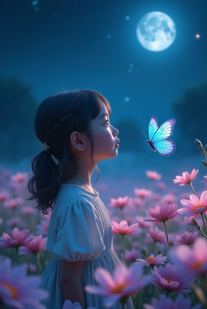 unparalleled masterpiece, ultra realistic 8k CG,masterpiece,pov,(delicate photograph,ultra_detailed,16k,raw photo:1.3),(realistic:1.9,photorealistic:1.9), beautiful detailed eyes,(((1 girl,solo,full body))), ,blue butterfly, glowing wings, masterpiece, best quality, ultra detailed, flower field, butterfly, windy, night, starry sky, butterfly wings,,butterfly wings,