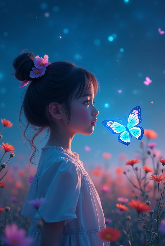 unparalleled masterpiece, ultra realistic 8k CG,masterpiece,pov,(delicate photograph,ultra_detailed,16k,raw photo:1.3),(realistic:1.9,photorealistic:1.9), beautiful detailed eyes,(((1 girl,solo,full body))), ,blue butterfly, glowing wings, masterpiece, best quality, ultra detailed, flower field, butterfly, windy, night, starry sky, butterfly wings,,butterfly wings,