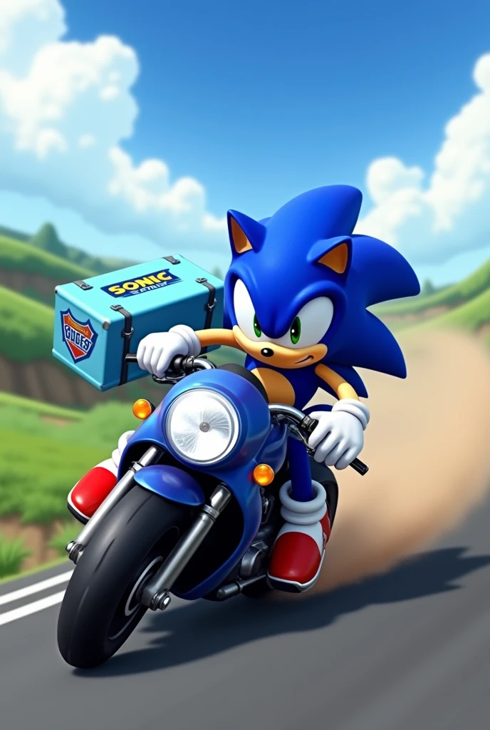Sonic riding a motorcycle with a light blue delivery backpack that says "Sonic Express"