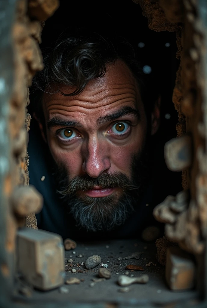 A man&#39;s face is looking into a small hole in the wall.