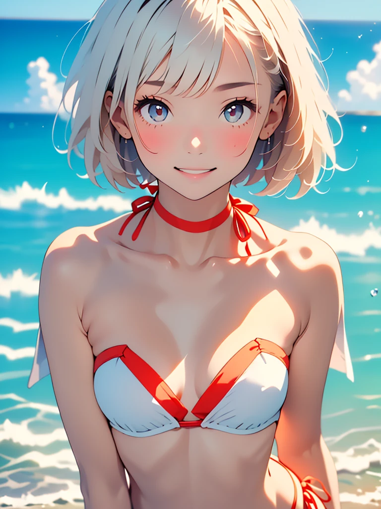 ((SFW: 1.4)), ((SFW, Bandeau bikini, Beach, bony body, Super Short Hair, side lock hair, smile, 1 girl)), Ultra-high resolution, (Genuine: 1.4), RAW Photos, highest quality, (photoGenuineistic), concentrated ,Soft Light,((15 years old)),((Japanese)),(((Young Face))),(surface),(Depth of written boundary),masterpiece,(PhotoGenuine),woman,bangs,( (1 girl)