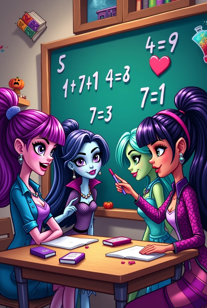 Give me some sticker-type images where I have the Monster High girls counting and solving sums.