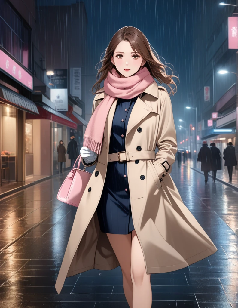 Masterpiece, hd, 1girl with long brown hair wearing a fully buttoned up closed and beige belted buckle knee-length trench coat with a tucked up large pink winter wool scarf and white gloves carrying her large pink purse blown by the hard wind at the hard rainy night city street full body 8k)