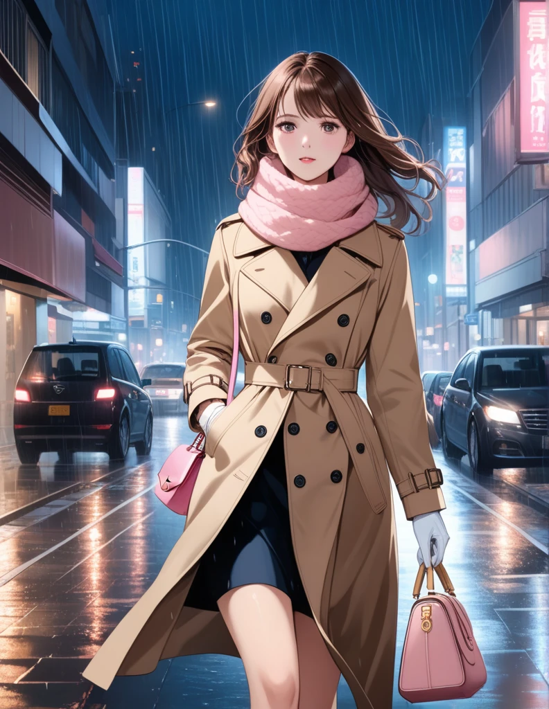 Masterpiece, hd, 1girl with long brown hair wearing a fully buttoned up closed and beige belted buckle knee-length trench coat with a tucked up large pink winter wool scarf and white gloves carrying her large pink purse blown by the hard wind at the hard rainy night city street full body 8k)