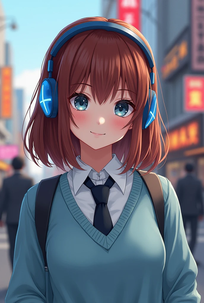 (photorealism:1.2), Hair: Medium length, brown-red, with bangs sweeping over the right side.
* Eyes: Dark blue.
* Body: Average height (159 cm), slender build.
* Other: Often wears a light blue sweater over her uniform, and has black ties. Her noticeable accessory is a pair of blue wireless headphones with a triangle design on either side.
Animated