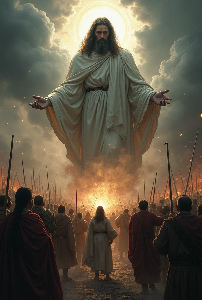 The world is fighting amongst themselves for God and God is sad in the sky. He is watching them all fighting amongst themselves.