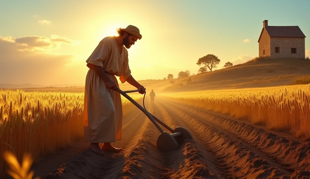 Create an image that visually represents the first part of the message in a biblical context: 'In all labor there is profit.' Show a scene of a man or woman in biblical times working diligently, like a farmer plowing a field or a craftsman carving wood, with an aura of golden light around him, symbolizing divine blessing and reward for hard work. The background should include elements typical of the period, like a bountiful harvest or a built house, reflecting the prosperity that comes from diligent effort.