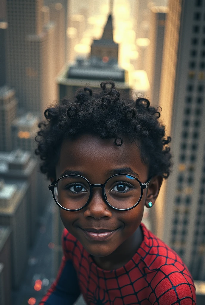 Spider Suit, Spider Web print, Spider Web, Spider-Man, masterpiece, absurd, Fine details, HDR, ((Very detailed face and eyes)), Reality,, Focus on the eyes,, Stand on the roof of a skyscraper, ((no-mask)), Looking at the audience, Smile, Black Hair, Boy Focus, Big Hair, curls, Round glasses, earrings, , New York architectural background,