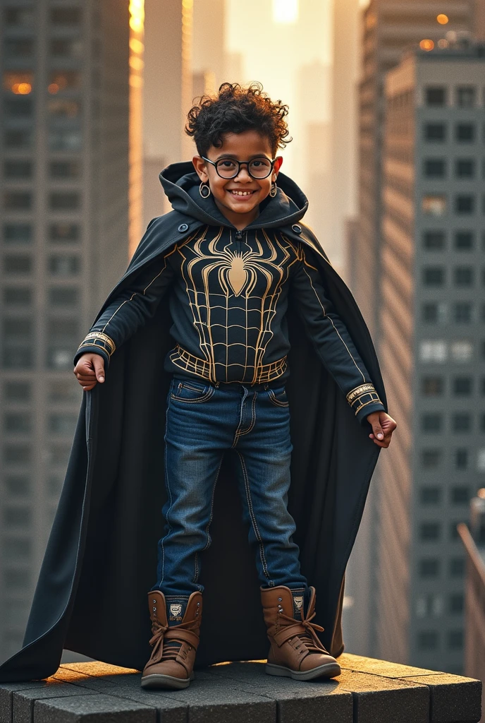 Spider Suit, Spider Web print, Spider Web, Spider-Man, masterpiece, absurd, Fine details, HDR, ((Very detailed face and eyes)), Reality,, Focus on the eyes,, Stand on the roof of a skyscraper, ((no-mask)), Looking at the audience, Smile, Black Hair, Boy Focus, Big Hair, curls, Round glasses, earrings, , New York architectural background,