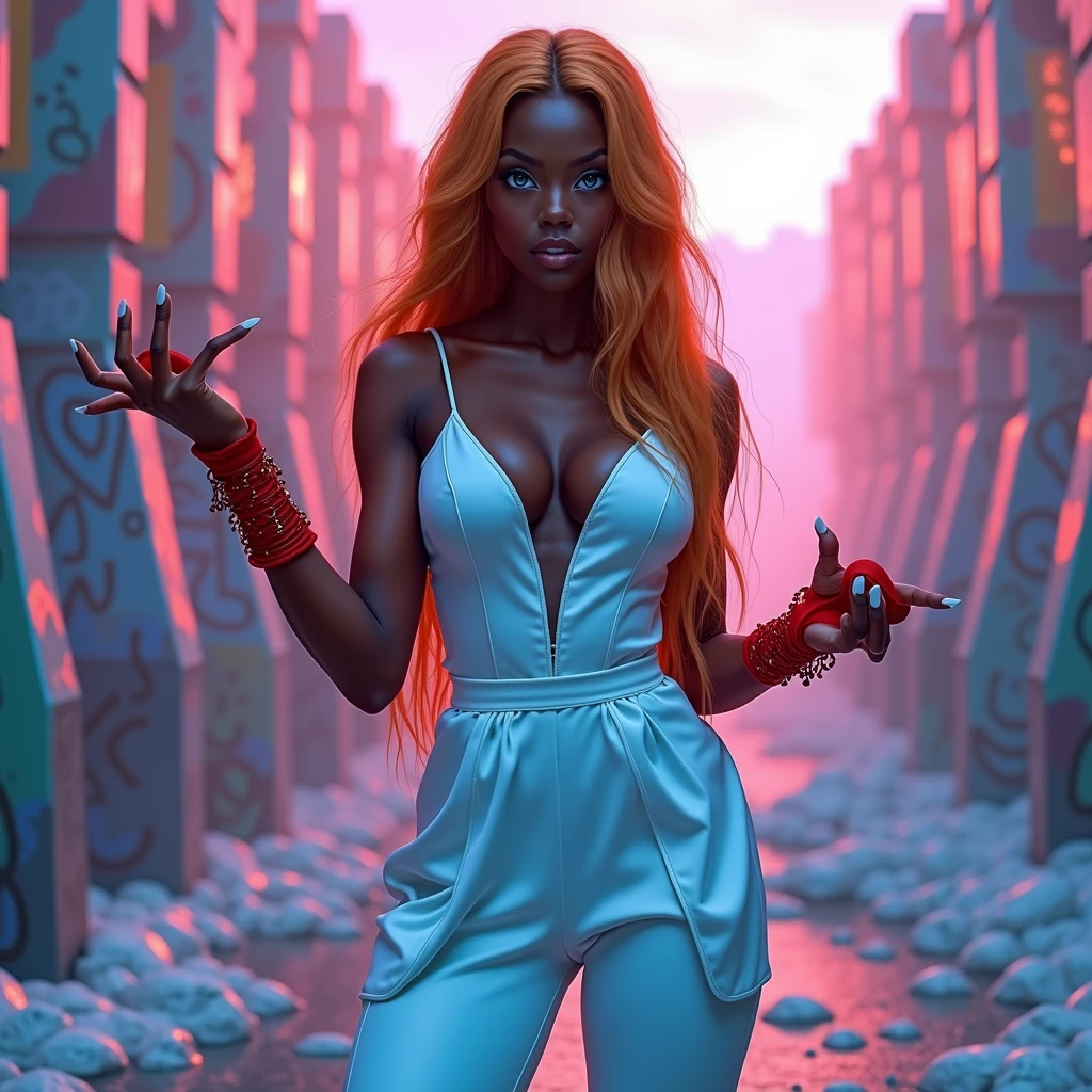 Beautiful black woman with big blue eyes, slim and sculptural full body, head on, very long blonde hair, totally wearing only red high heels, of giant breasnipples, givlying kick
