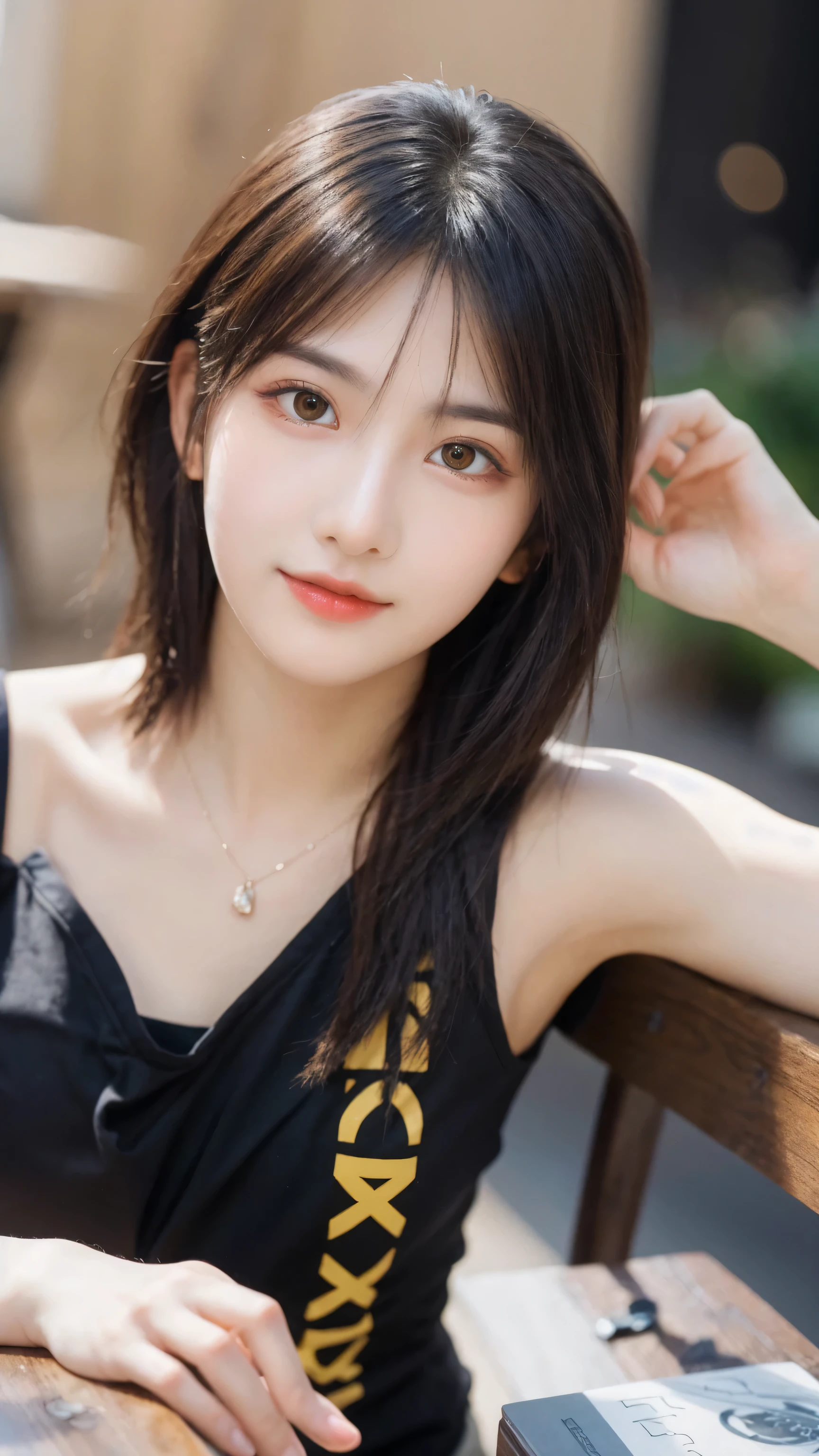 (8k, RAW Photo, Best Quality, Masterpiece:1.2), table top, Ultra Detail, Super Resolution, (Realistic, Realistic Photo:1.37), Portrait, High Detail RAW Color Photo, Professional Photo, Extremely Detailed and Beautiful, Extremely detailed, 8k wallpaper, amazing and detailed, huge file size, official art, highly detailed CG unity 8k wallpaper, highly detailed beautiful girl, highly detailed face, highly detailed eyes, highly detailed skin, highly detailed fingers, highly detailed nose, very detailed detailed mouth , perfect anatomy, highly detailed background, highly detailed clothes, 1girl, ,cute girl, realistic body, fair skin, glowing skin , slim body, handsome body, black hair , Semilong hair, (blunt bangs:1.2), smile, cute, youthful, cute face, realistic face, delicate eyes, drooping eyes, looking at viewer, facing front, standing posture, Contraposto, dynamic lighting, ((face closeup)), (medium chest), (Perfect Body Proportions), (slender Body Proportions), tank top, mini skirt,