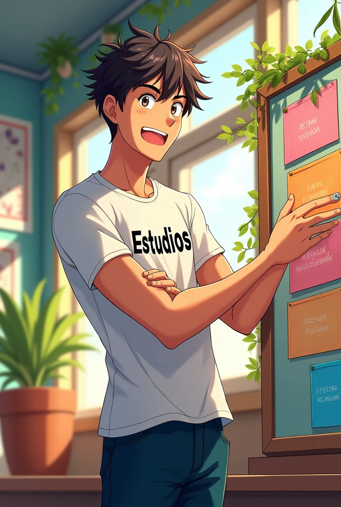 Make a male anime character teaching on a profile board with a t-shirt that says Aghamenon Toberlock Studies in Portuguese is Studies and not Studies