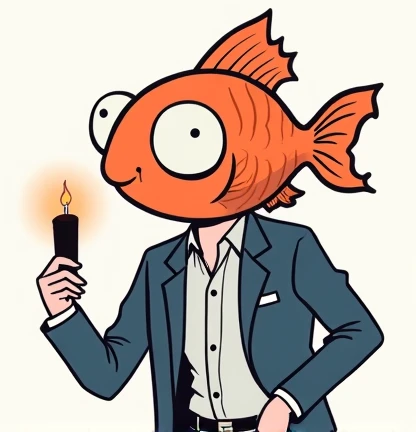 He is a slim adult.。He wears a cartoon-style goldfish headdress.、The imbalance between the head and the body is interesting..。The face is hidden。Draw in an illustration style。Wearing a suit。A picture like a LINE stamp。Goldfish look more like characters。Goldfish are small。Get a covered look。The goldfish is a Demekin。Looks like a real goldfish。Like head gear。Filmography。He is more stylish。Goldfish are cuter。Surreal。In front of a candle in a dark room