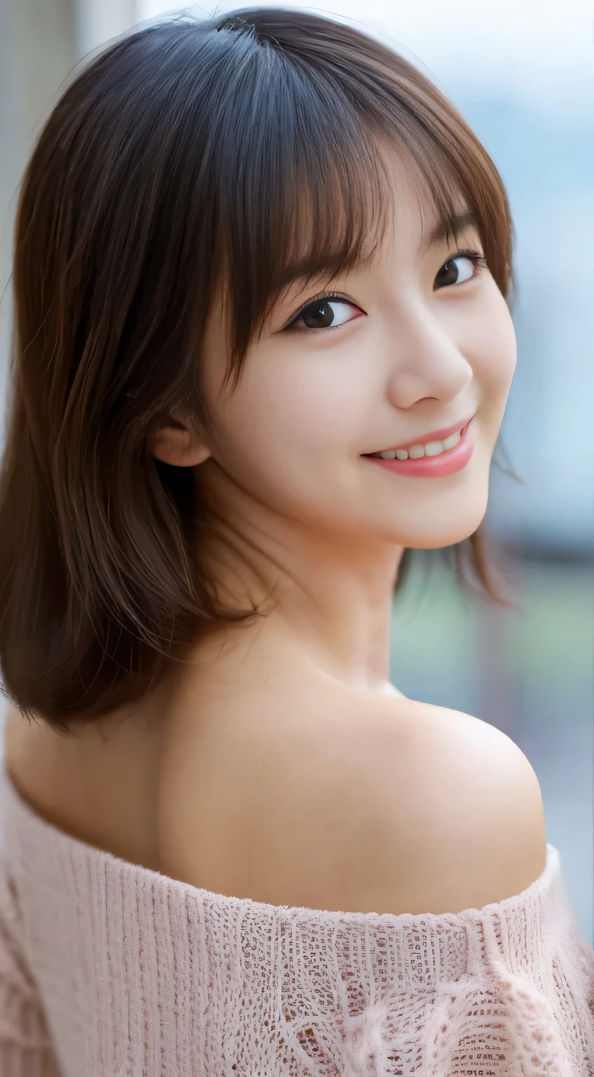 masterpiece,best quality,(Japanese girl),((Beautiful girl)),cleavage,(off shoulder:1.2),(perfect body beauty:1.2),(shy smile),From above