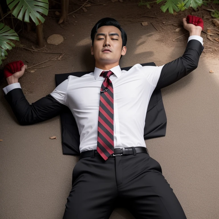 33 years old,One Man,Tall handsome man、Black Shirt、Red tie、Black gloves、Forest、Lying on your back on the ground、knock down　Scream、 ,Black Hair、Very short hair、undercut、Asian Face　The crotch area of your trousers is bulging　Seen from below　