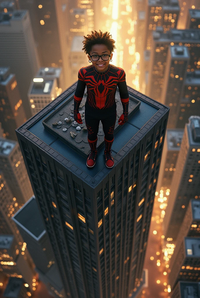 Spider Suit, Spider Web print, Spider Web, Spider-Man, masterpiece, absurd, Fine details, HDR, ((Very detailed face and eyes)), Reality,, Focus on the eyes,, Stand on the roof of a skyscraper, ((no-mask)), Looking at the audience, Smile, Black Hair, Boy Focus, Big Hair, curls, Round glasses, earrings, , New York architectural background,