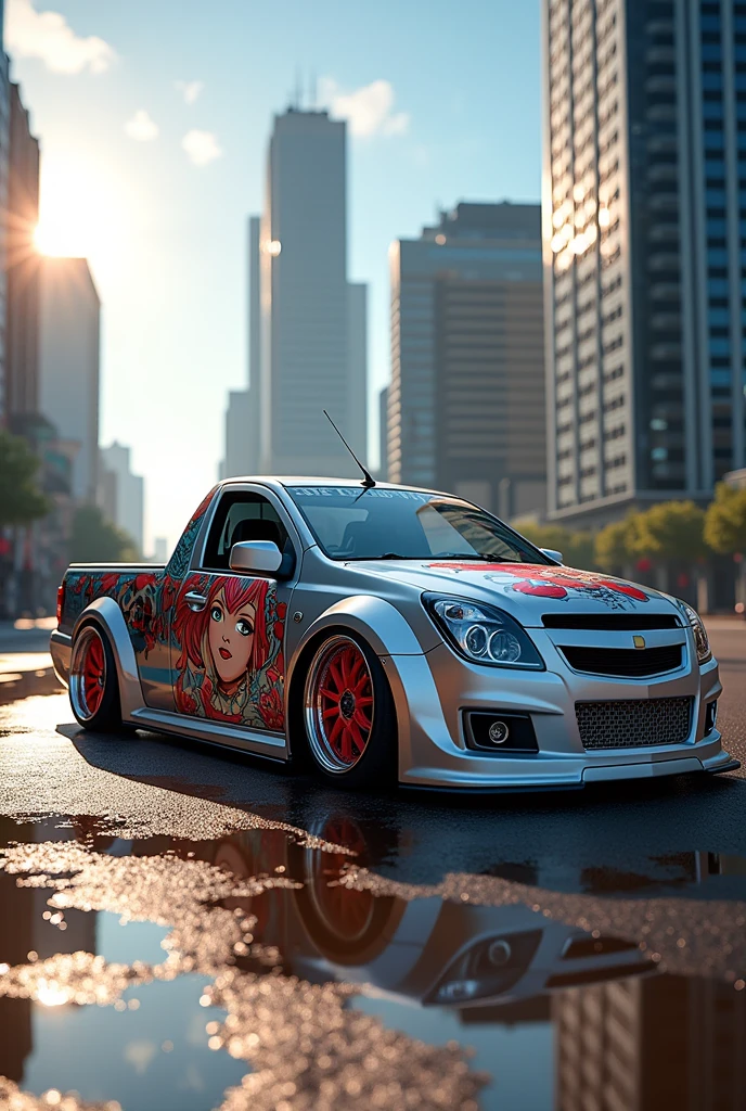 Chevrolet Montana Corsa Pick Up Truck Year 2007 Tuning with Anime Woman Paint Sexy Elf Maid Costume on Door and Offset Rims and Silver Racing Body Kit