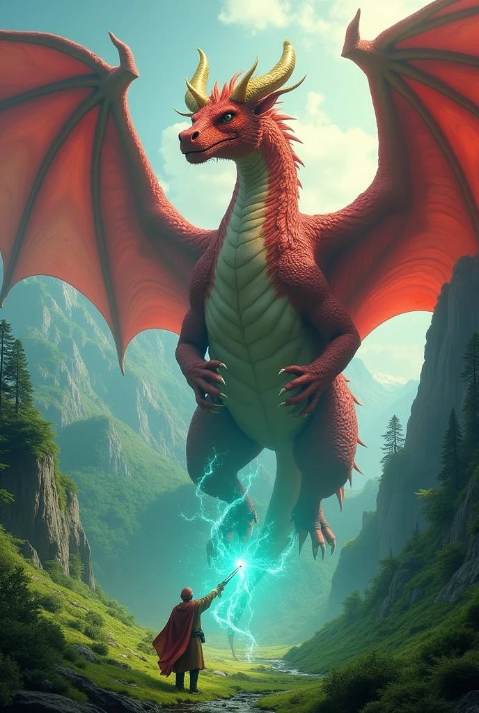 He is a red dragon, he has golden horns, he is the fattest dragon in the world, he is so heavy that his belly touches the ground, he is very heavy, he is bigger than an island, and he is fatter than a continent, he has wings and he uses various magic.