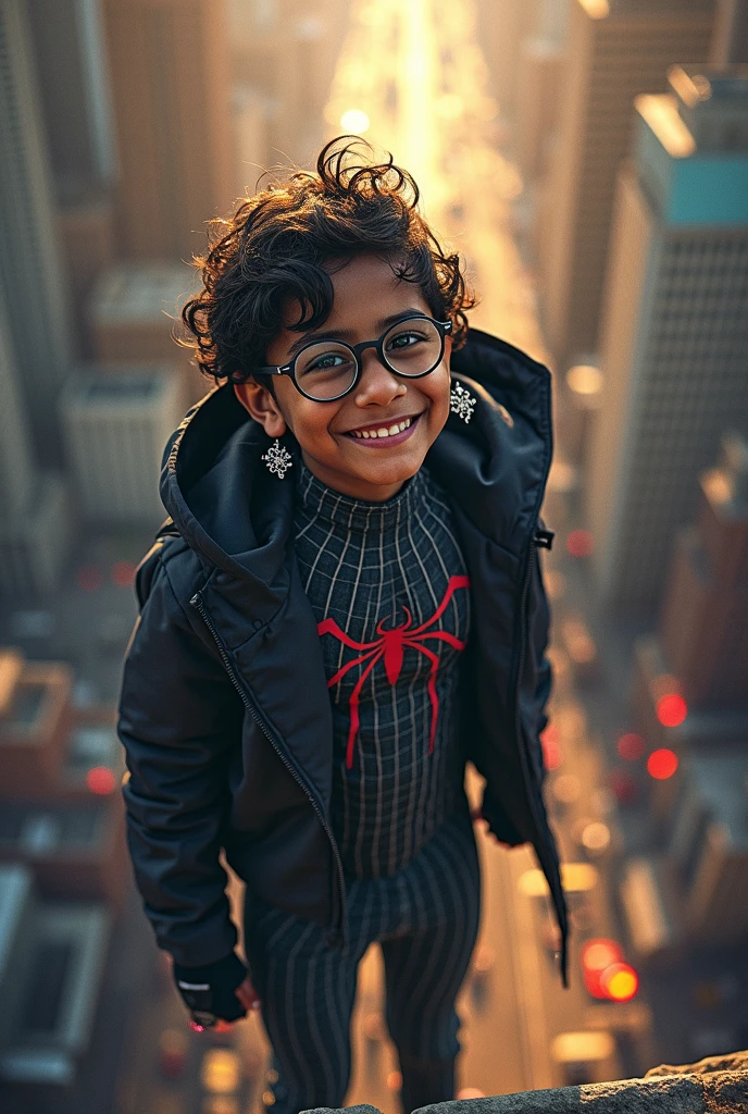 Spider Suit, Spider Web print, Spider Web, Spider-Man, masterpiece, absurd, Fine details, HDR, ((Very detailed face and eyes)), Reality,, Focus on the eyes,, Stand on the roof of a skyscraper, ((no-mask)), Looking at the audience, Smile, Black Hair, Boy Focus, Big Hair, curls, Round glasses, earrings, , New York architectural background,