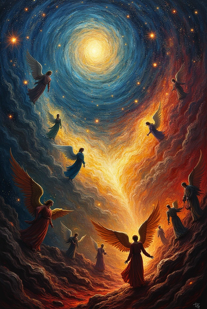 Make a painting of hell along with the universe with angels and demons inspired by the art of van Gogh 