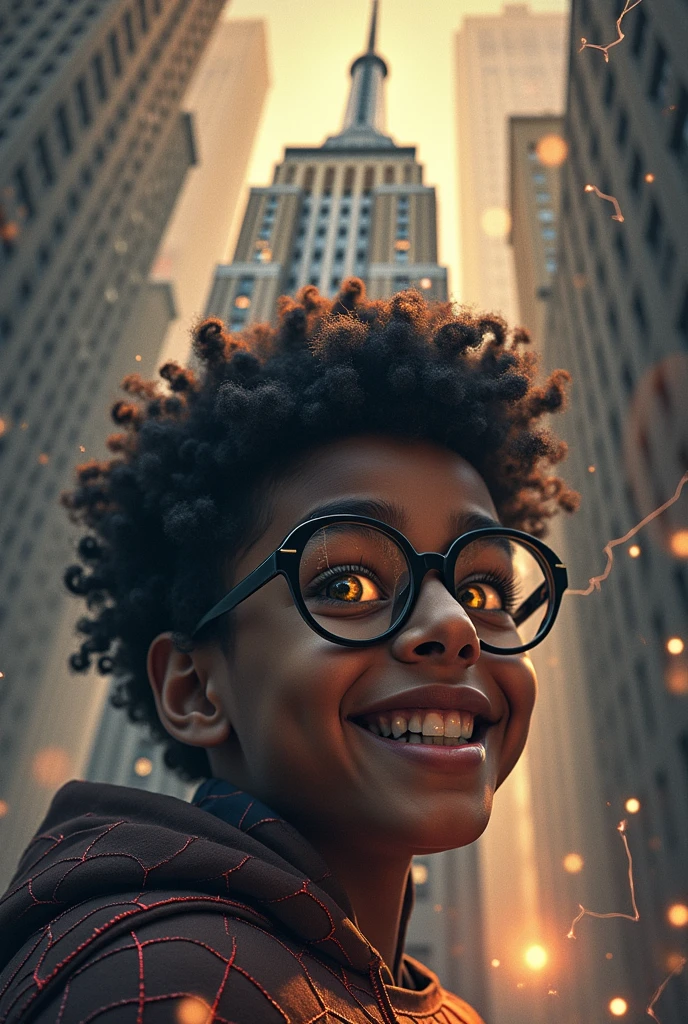 Spider Suit, Spider Web print, Spider Web, Spider-Man, masterpiece, absurd, Fine details, HDR, ((Very detailed face and eyes)), Reality,, Focus on the eyes,, Stand on the roof of a skyscraper, ((no-mask)), Looking at the audience, Smile, Black Hair, Boy Focus, Big Hair, curls, Round glasses, earrings, , New York architectural background,