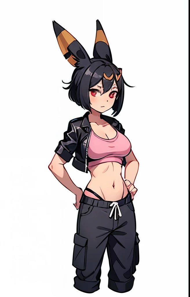A woman wearing an open black leather jacket, Underneath she wears a pink sleeveless top that reaches below her breasts. He also wears black cargo pants with yellow suspenders hanging on the sides.. has a big butt, slim waist, red eyes, Umbreon ears and medium breasts.