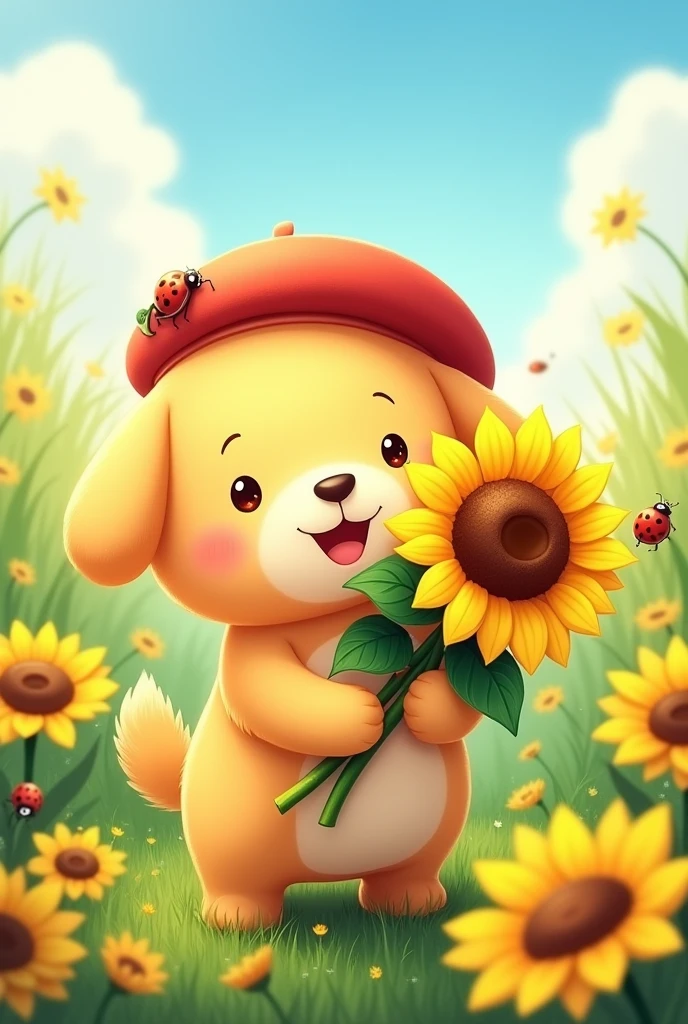 make pompompurin holding a bunch of sunflowers