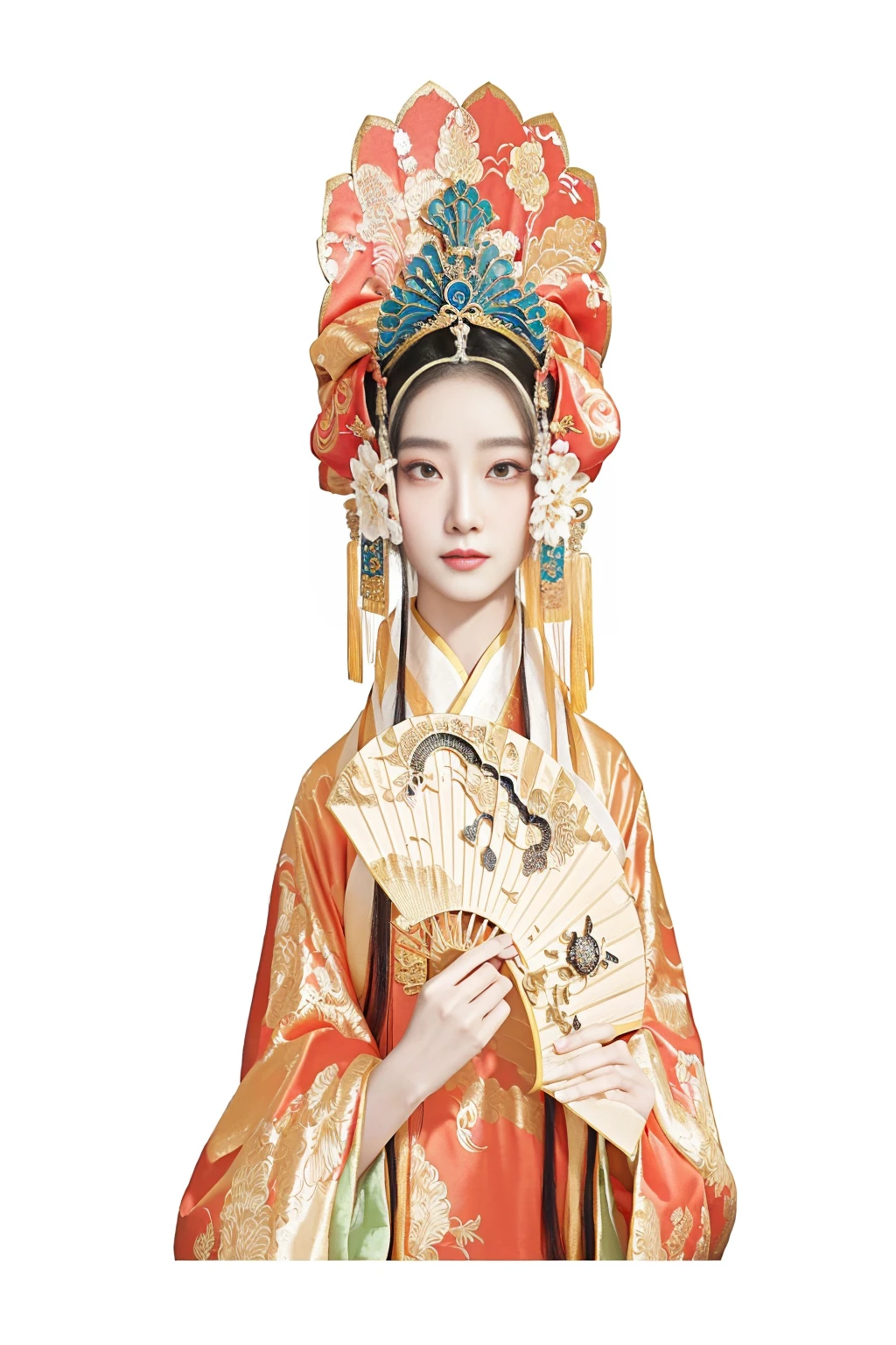 There is a woman in Chinese costume holding a fan。, palace ， Girl wearing Hanfu, ancient Chinese Princess, Beautiful fantasy queen, Chinese Empress, Chinese Princess, Peking Opera, Ancient Asian Dynasty Princess, A beautiful artistic illustration, Wearing ancient Chinese clothes, Ancient Chinese Goddess, Ancient Chinese Art Style, ((Beautiful fantasy queen)), Ancient Chinese beauties