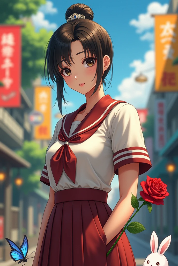 brown-black hair, eyes black, skin fair, goose egg face, atmospheric facial features, Cao Cao, confident and powerful, toned and plump, high school girls, schoolar uniform, curly hair, hair bun, with hair clip, red rose, blue butterfly, white rabbit, billboard, official quality, uncanny, Light and Shade, correct proportions, aesthetics, atmosphere,