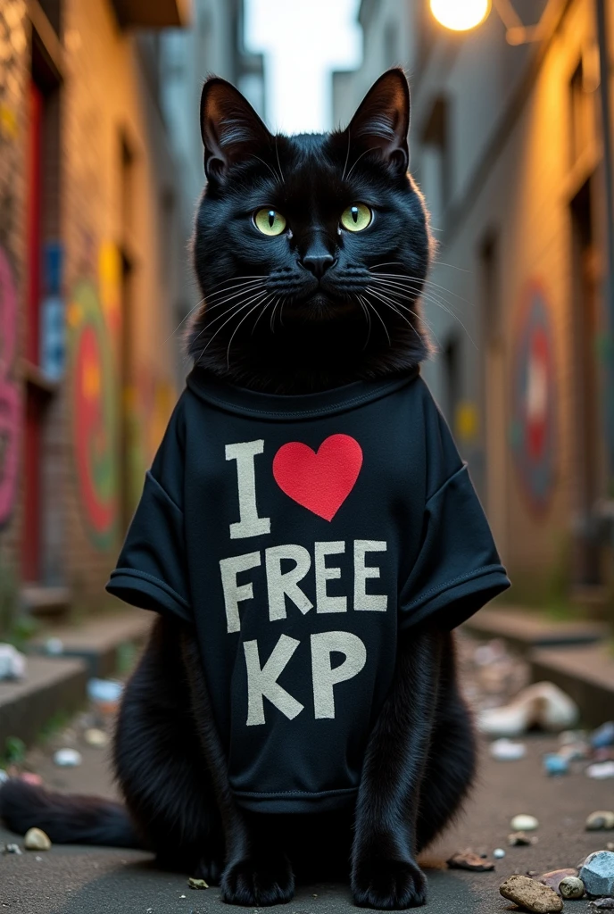 A fearsome cat with a shirt written "I love Free KP"