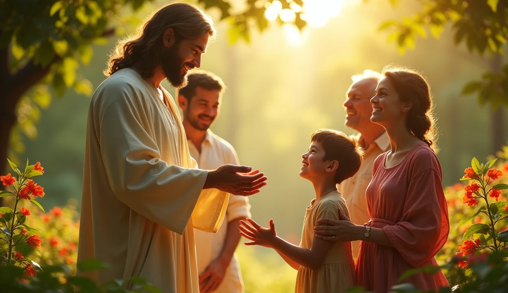 Create a heartwarming and inspirational image inspired by the phrase 'Jesus helping people.' Visualize a compassionate and uplifting scene where Jesus is actively assisting and comforting individuals in need. Depict Jesus with a gentle, caring expression, offering support to people from diverse backgrounds. The setting could be a peaceful, outdoor scene or a serene environment, such as a village or a quiet garden. Include elements of healing and guidance, such as Jesus touching someone's shoulder, providing food, or offering a helping hand. The overall atmosphere should convey warmth, kindness, and the transformative impact of Jesus' assistance, with soft, radiant light highlighting the sense of compassion and care