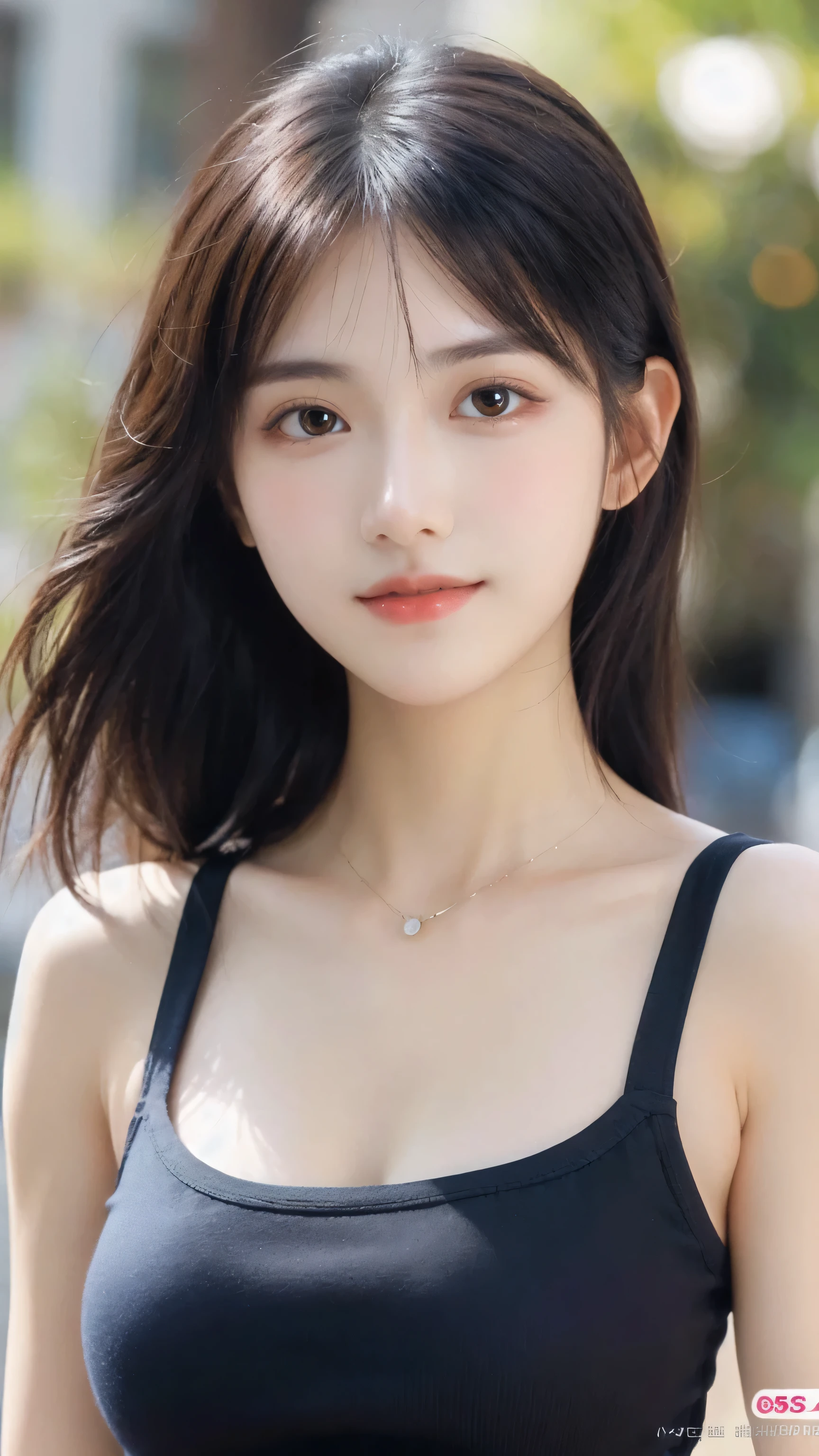 (8k, RAW Photo, Best Quality, Masterpiece:1.2), table top, Ultra Detail, Super Resolution, (Realistic, Realistic Photo:1.37), Portrait, High Detail RAW Color Photo, Professional Photo, Extremely Detailed and Beautiful, Extremely detailed, 8k wallpaper, amazing and detailed, huge file size, official art, highly detailed CG unity 8k wallpaper, highly detailed beautiful girl, highly detailed face, highly detailed eyes, highly detailed skin, highly detailed fingers, highly detailed nose, very detailed detailed mouth , perfect anatomy, highly detailed background, highly detailed clothes, 1girl, ,cute girl, realistic body, fair skin, glowing skin , slim body, handsome body, black hair , Semilong hair, (blunt bangs:1.2), smile, cute, youthful, cute face, realistic face, delicate eyes, drooping eyes, looking at viewer, facing front, standing posture, Contraposto, dynamic lighting, ((face closeup)), (medium chest), (Perfect Body Proportions), (slender Body Proportions), tank top, mini skirt,