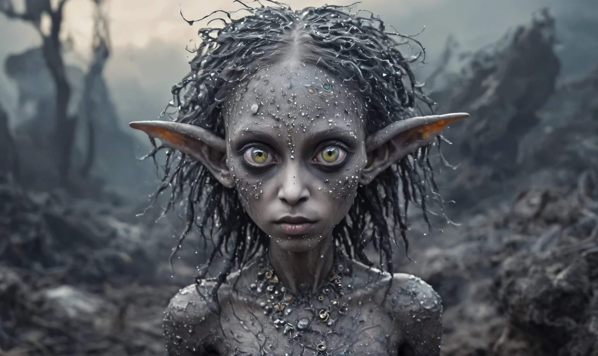 pretty face,eyebrow up,full body length shot,obsidian elf,full body length shot,very beggar niobium graphite The Alien Entity, babychild, wants eat,full body shot, of psychedelic style ,The iris looks weird, attractive, The stars in space is reflected in the pupil, goose down eyelashes, long wavy luminescent hair,insane baggy clothes,view from height,full-body-shot,High contrast,Masterpiece,Realistic,Ultra Detailed,intricate details,realistic humid skin,extremly intricate,realism,photorealism, cinematic style,irina yermolova,HDR,((Wangechi Quality)),ominous landscape,glate gray atmosphere,by art Simon Stalenhag,Nicola Samori,(((Wangechi Mutu))),prime colors,urban,extremely detailed,masterpiece,intricate details,faded,eyes extremely detailed, high detailed eyes,4k resolution,RAW, Nikon Z9,scary town,stalker,goblin,Dubai of United Arab Emirates,Mestichino,Light particles,marble leather ,ink photography ,Mestichino,Light particles,chaos