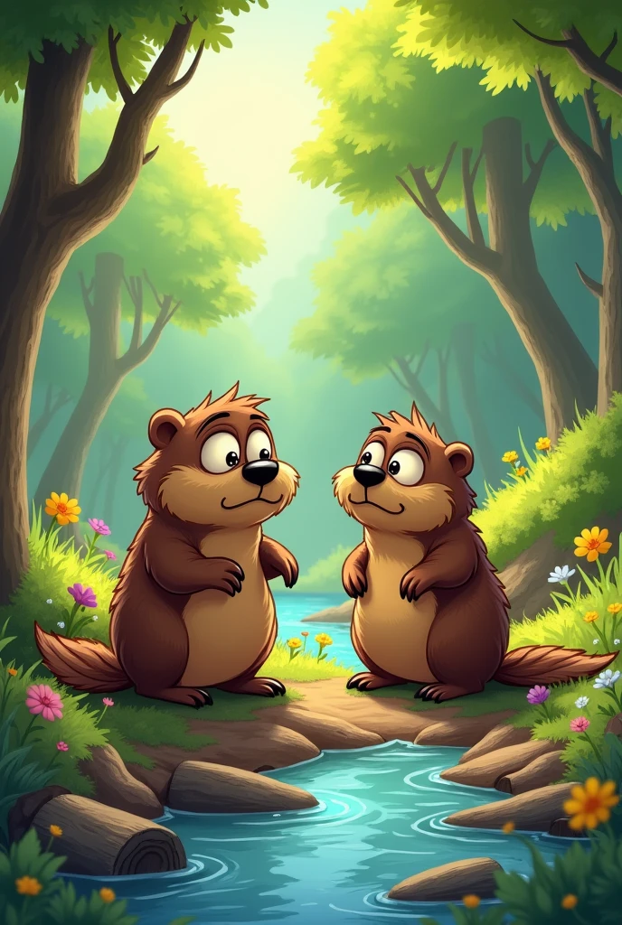 A couple of beavers in the beautiful forest look with regret as their wooden house was destroyed by a storm. With cartoon drawing style