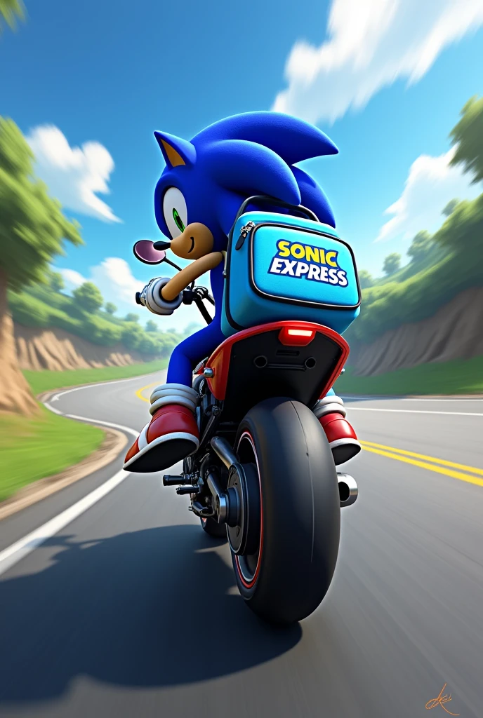 Sonic riding a motorcycle with a backpack bigger than the light blue delivery color that says "Sonic Express"