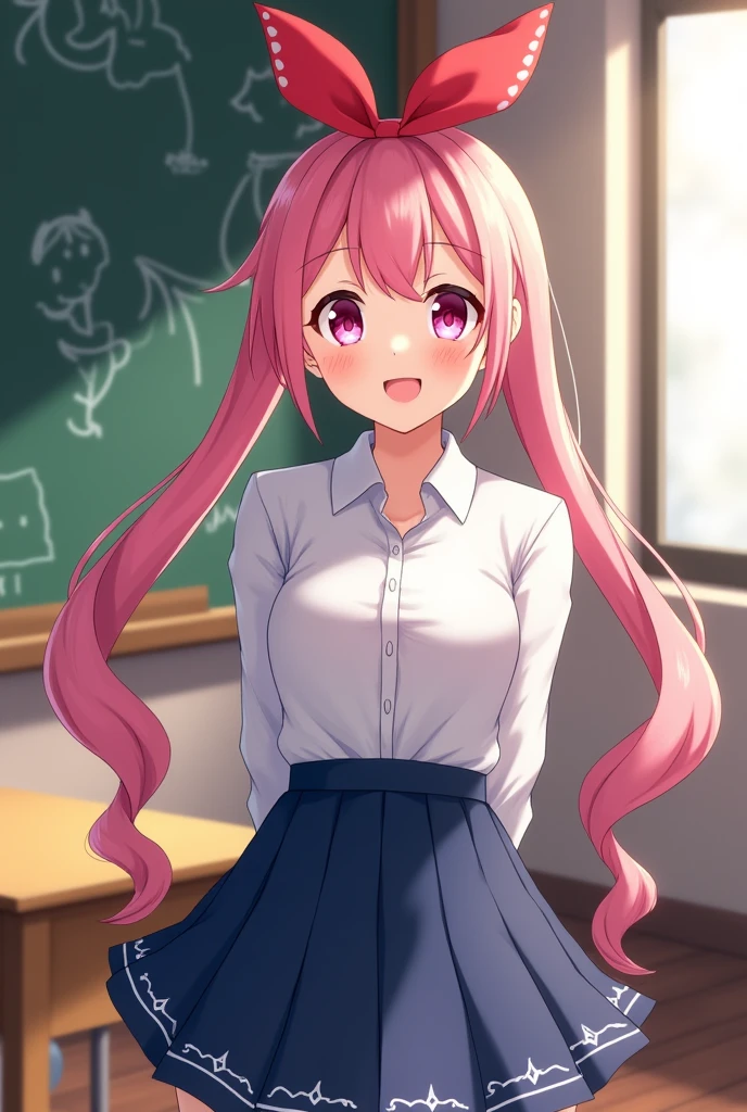 1teenager_girl, solo, pink_hair, skirt, school_uniform, smile, bow, long_hair, twintails, shirt, looking_at_viewer, pleated_skirt, arms_behind_back, pink_eyes, red_bow, white_shirt, chalkboard, standing, bowtie, blush, short_sleeves, red_bowtie, classroom, blue_skirt, day, hair_between_eyes, cowboy_shot, hair_bow, indoors