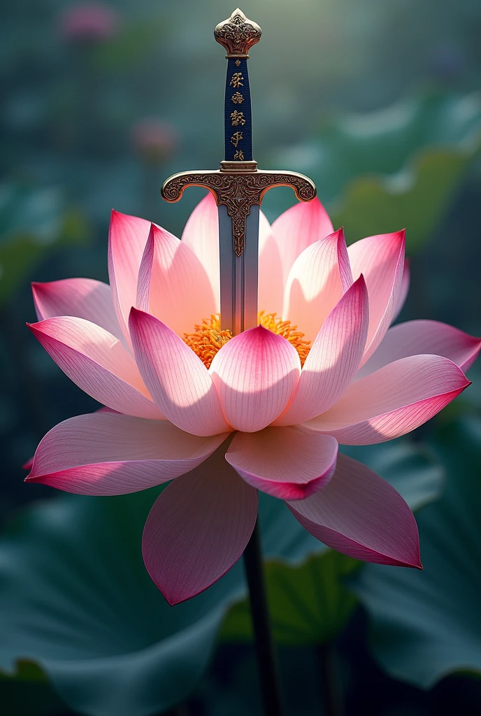Imagine a lotus flower in full bloom, with its open and detailed petals. The sword could be in an upright position, passing through the center of the flower, with an elegant design on the blade and a decorative handle. You could add details like shadows or colors to give more depth to the tattoo..
