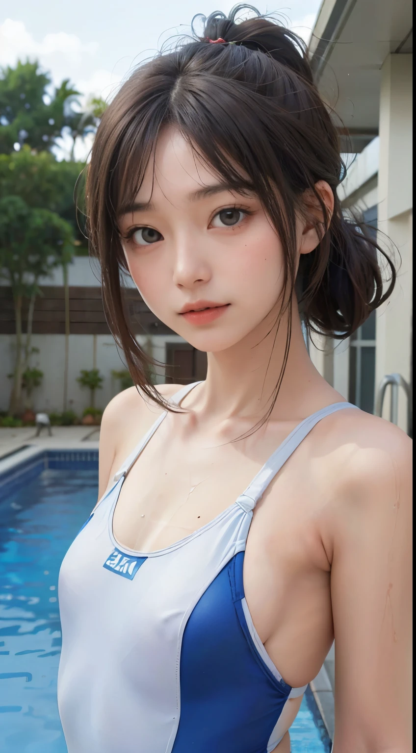highest quality, RAW Photos, Realistic, face, Incredibly beautiful girl, cute,ponytail,Written boundary depth, High resolution, Super detailed, detailed, Very detaileded, extremely detaileded eye and face, Sharp pupils, Realistic students, Sharp focus, Cinema Lighting, Japanese,Short women,Physical build,Long, narrow eyes, Fleeting atmosphere,((thin lips)), White top and bottom underwear, Masterpiece, highest quality, Detailed skin, Detailed face, Fine grain, 32K, Excellent anatomy, Upper body portrait,flat breasts, small breasts, small,( small bust: 1.2), small bust, (slim, small, flat, small), thin, Delicate and sexy collarbone, One Girl, (Beautiful girl, Delicate girl:1.3), (:1.3),(One piece swimsuit, Swimsuit:1.2),(Pool:1.3),(Symmetrical eyes:1.3),Small Chest, Brown eyes, Parted bangs, Brown Hair, (Upper teeth, The best smile:0.2),(Eyes and face detail:1.0),(masterpiece, highest quality, Super detailed, Detailed face, 32K)